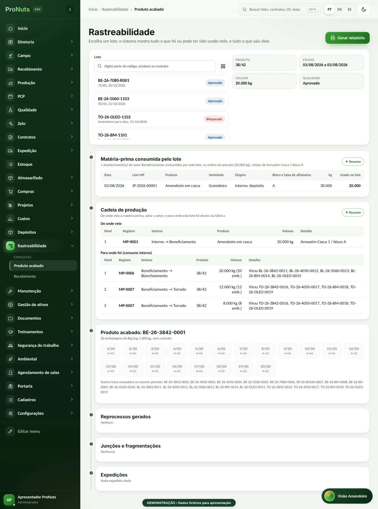 ProNuts ERP — Rastreabilidade (tela real, dados fictícios)